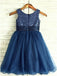 A-Line Round Neck Navy Blue Tulle Flower Girl Dress with Flower INP21