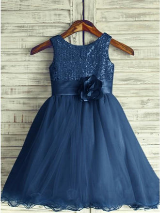 A-Line Round Neck Navy Blue Tulle Flower Girl Dress with Flower INP21