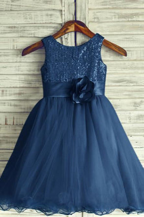 A-Line Round Neck Navy Blue Tulle Flower Girl Dress with Flower INP21