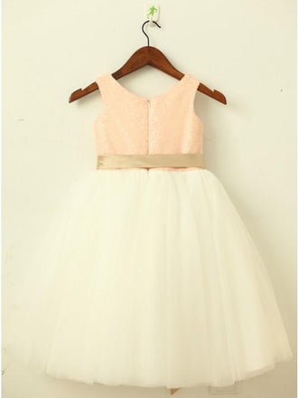 A-Line Round Neck White Flower Girl Dress with Lace Sequins Sash INP22