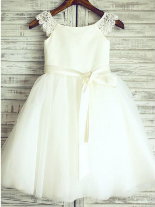 A-Line Round Neck White Flower Girl Dress with Sash Lace INP26