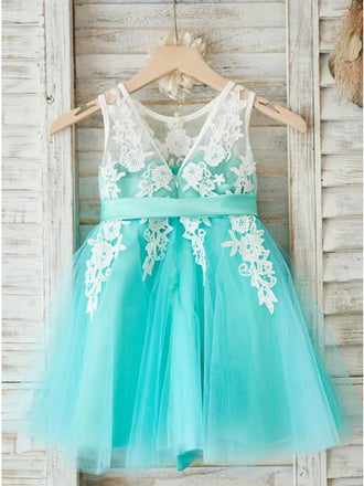 A-Line Round Neck Mint Tulle Flower Girl Dress with Appliques INP27