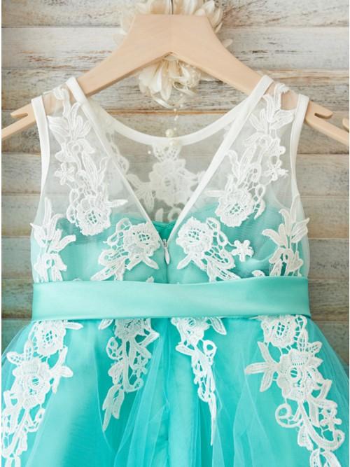 A-Line Round Neck Mint Tulle Flower Girl Dress with Appliques INP27