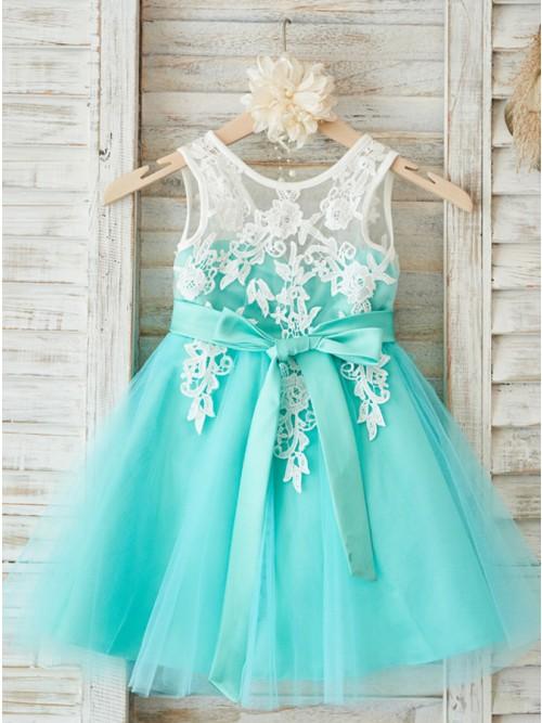 A-Line Round Neck Mint Tulle Flower Girl Dress with Appliques INP27