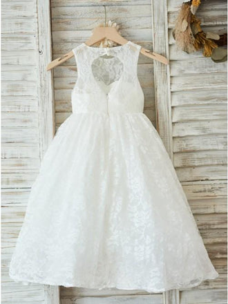 A-Line Jewel Open Back White Lace Flower Girl Dress INP28