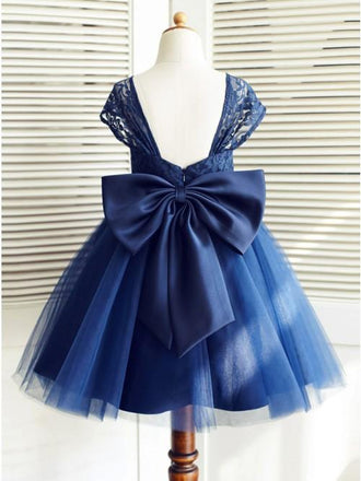 A-Line Square Neck Cap Sleeves Dark Blue Flower Girl Dress with Lace Bowknot INP16