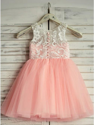 A-Line Round Neck Floor-Length Pink Flower Girl Dress with Lace INP19