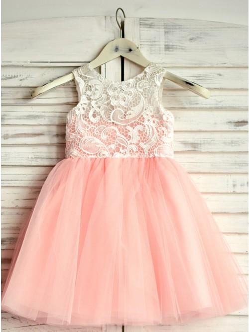 A-Line Round Neck Floor-Length Pink Flower Girl Dress with Lace INP19