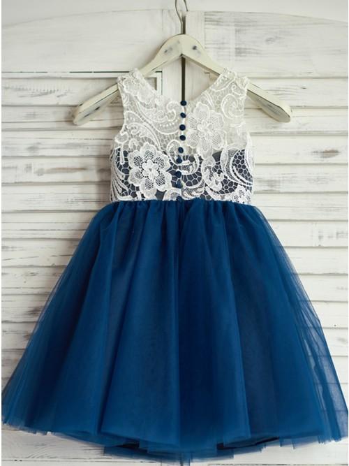 A-Line Round Neck Navy Blue Tulle Flower Girl Dress with Lace INP18