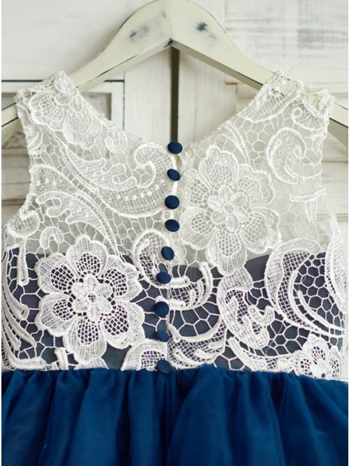 A-Line Round Neck Navy Blue Tulle Flower Girl Dress with Lace INP18