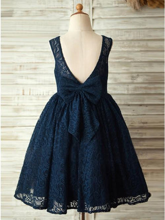 A-Line Round Neck Backless Navy Blue Lace Flower Girl Dress with Bowknot INP17