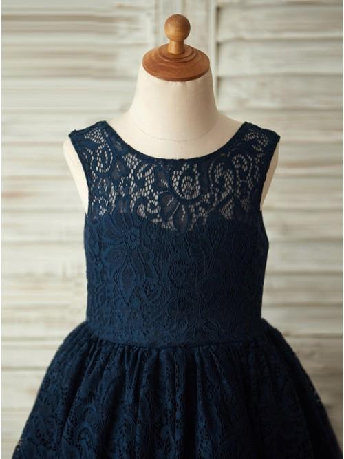 A-Line Round Neck Backless Navy Blue Lace Flower Girl Dress with Bowknot INP17