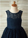 A-Line Round Neck Backless Navy Blue Lace Flower Girl Dress with Bowknot INP17
