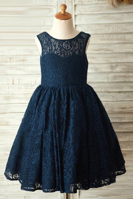 A-Line Round Neck Backless Navy Blue Lace Flower Girl Dress with Bowknot INP17