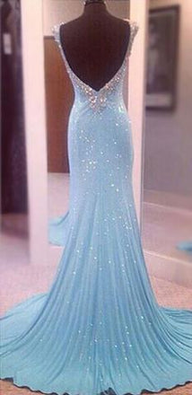 Modest V-Neck Sleeveless Sequins Blue Mermaid Backless Floor-Length Long Prom Dresses IN397