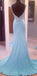 Modest V-Neck Sleeveless Sequins Blue Mermaid Backless Floor-Length Long Prom Dresses IN397