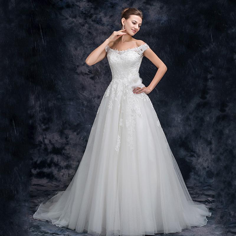 A Line Off the Shoulder Appliques Tulle Long Wedding Dress, Bridal Dresses INQ26