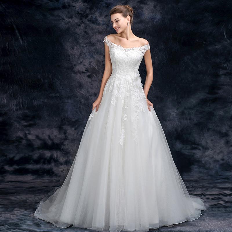 A Line Off the Shoulder Appliques Tulle Long Wedding Dress, Bridal Dresses INQ26