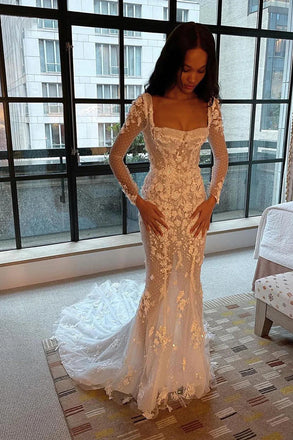 Illusion Mermaid Long Sleeves Tulle Appliques Wedding Dress Bridal Dresses IN1979