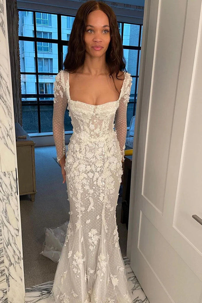 Illusion Mermaid Long Sleeves Tulle Appliques Wedding Dress Bridal Dresses IN1979