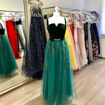 A Line Green and Black Tulle Prom Dresses, Charming Appliques Formal Dress INI13