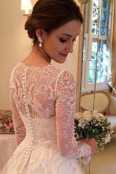 A-line V-neck Long Sleeves Court Train Tulle Wedding Dress With Lace Appliques IN526