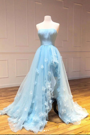 Sky Blue Strapless Tulle Long Prom Dresses A Line Evening Dress With Slit INS623