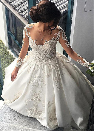 Attractive Satin Sheer Jewel Neckline Long Sleeves Wedding Dresses With Lace Appliques IN869