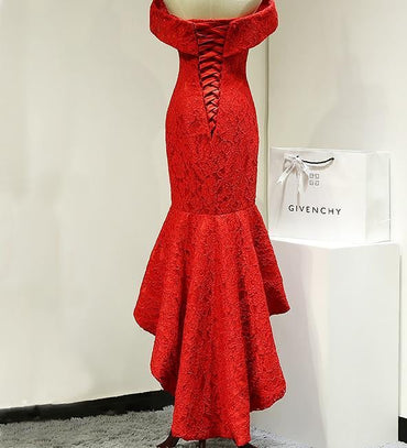 Red Long Lace Elegant Off Shoulder Mermaid High-Low Lace Up Prom Dresses IN484