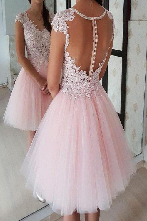 Pink V Neck Lace Appliques Homecoming Dress, A-Line Short Prom Dress INO69