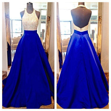 High Neck Royal Blue Long Prom Dresses,Bodice Beads Evening Prom Dress Ball Gown INE60