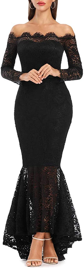 Mermaid Black Elegant Off the Shoulder Long Lace Long Sleeves Sexy Prom Dress IN141