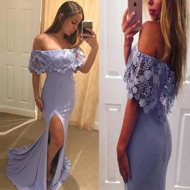Pretty Lavender Off Shoulder With Lace Split Mermaid Prom Dresses INF15