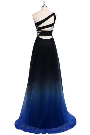 Ombre Chiffon A Line Sweep Train One Shoulder Sleeveless Beading Prom Dress INA22