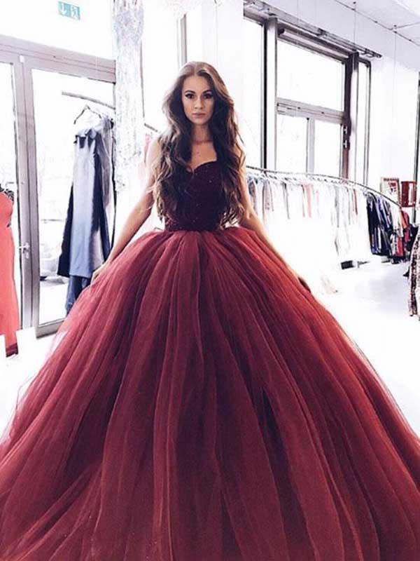 Princess Burgundy Strapless Ball Gown Long Evening Prom Dresses IN946