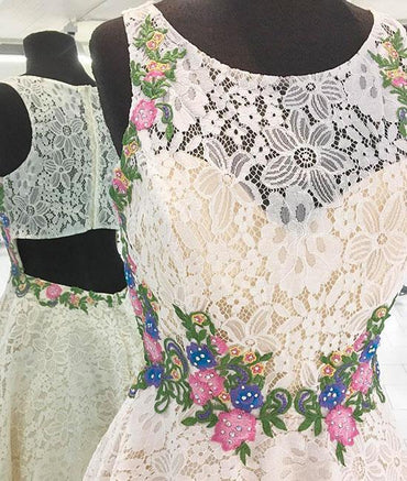 White Lace Short Prom Dress, Floral Appliques homecoming dress INP60