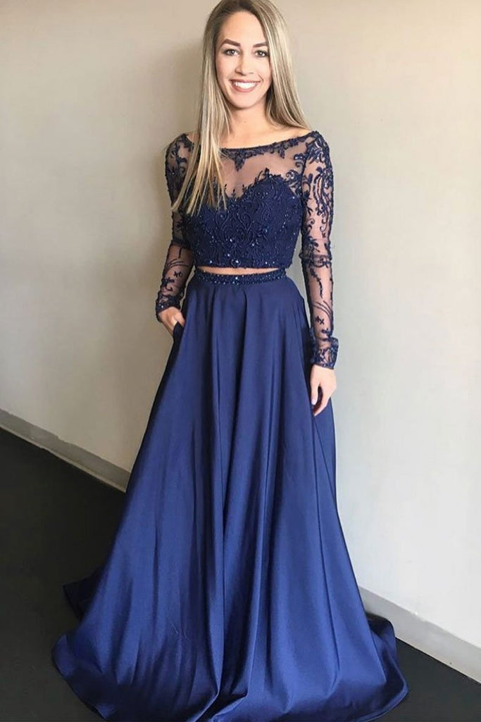 Royal Blue Two Pieces A Line Long Sleeves Appliques Prom Dress With Pockets INP77