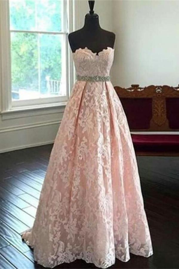 Sweetheart Lace Beading Long A-line Pink HanINade Cheap Prom Dresses K691
