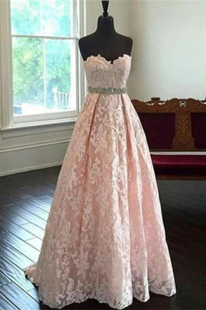 Sweetheart Lace Beading Long A-line Pink HanINade Cheap Prom Dresses K691
