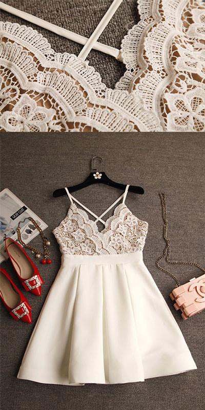 A-Line V-Neck Criss-Cross Straps Short Ivory Homecoming Dress with Lace Top IN324