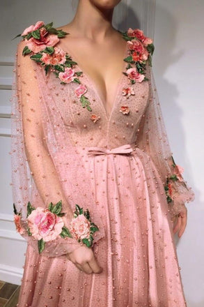 3D Flowers Long Sleeve Pink Prom Dresses Pearl Beaded V Neck Formal Dress INI42
