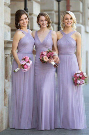 A Line Tulle Long Lavender Elegant Halter-Neck Ruched Bridesmaid Dresses IN1843