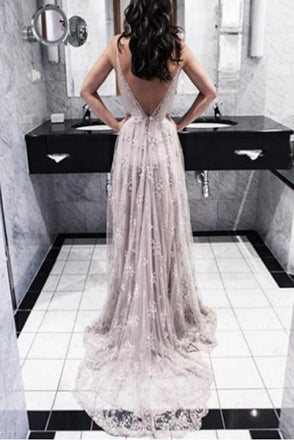 Charming A-Line Spaghetti Straps Backless Long Prom Dress with Appliques INH38