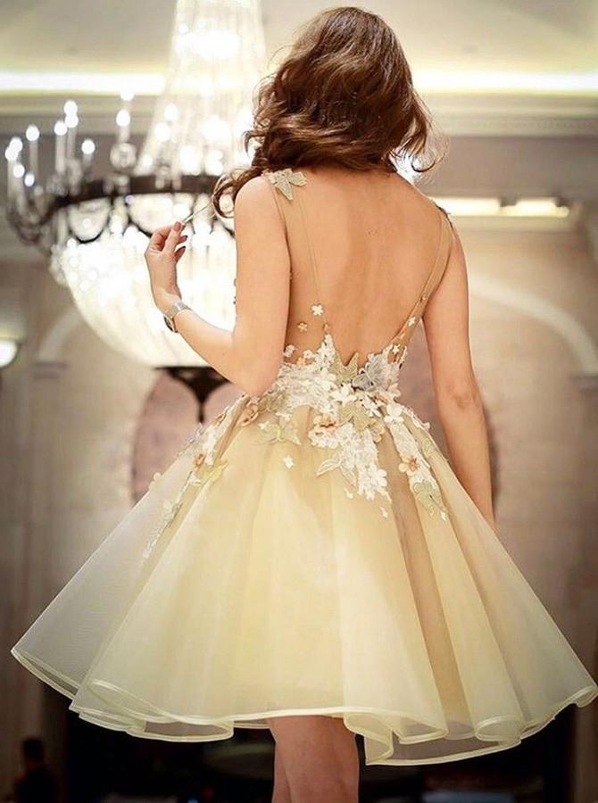 A-Line Scoop Backless Short Sleeveless Organza Homecoming Dress with Appliques IN228
