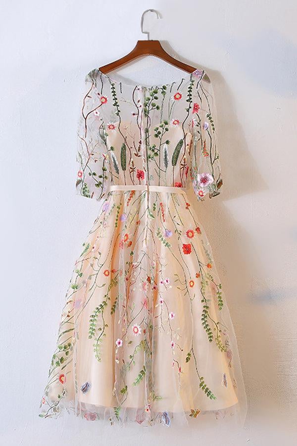 A-Line Bateau Knee-Length Half Sleeves Flower Tulle Homecoming Dresses IN519
