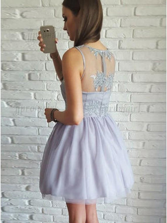 A-Line V-Neck Short Lilac Tulle Short Homecoming Dress with Lace IN521