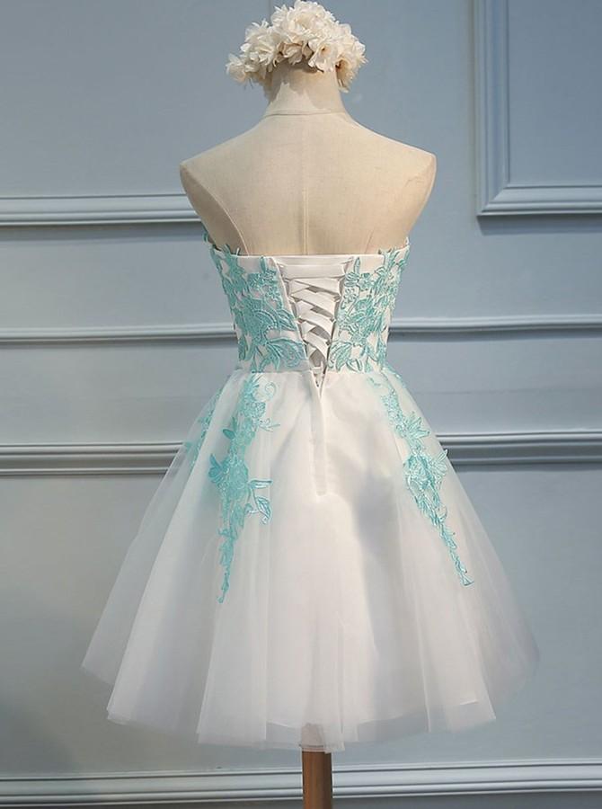 A-Line Sweetheart Short White Tulle Homecoming Dress with Lace Appliques IN431