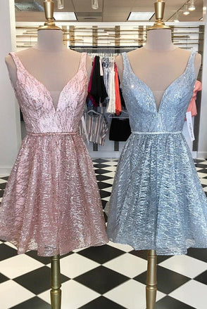 Sparkle Fitted Short Light Sky Blue V Neck A Line Homecoming Dress INO60
