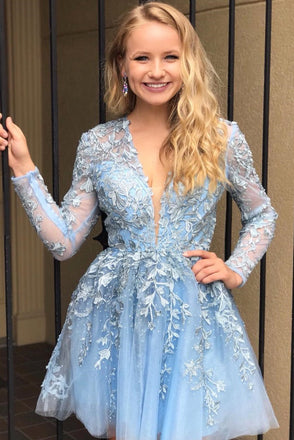 A Line Lace Appliqued Short Blue Homecoming Dress with Long Sleeves INO29