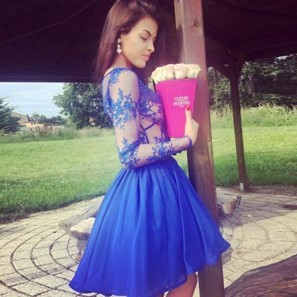A-Line V-Neck Long Sleeves See Through Royal Blue Zipper Short Homecoming Dress IN479